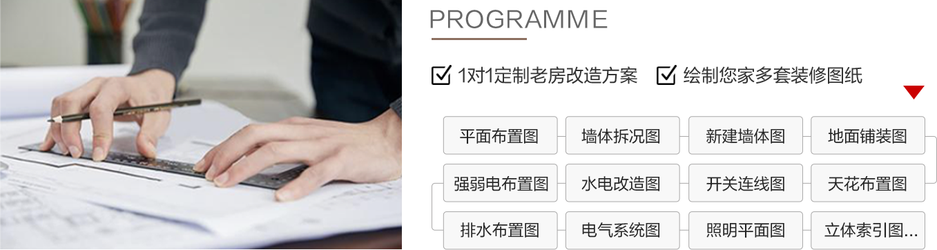 1对1方案改造:针对您家的多套装修图纸：平面户型图/墙体拆况图/新建墙体图/地面材料图/天花布置图/开关连线图/水电改造图/强弱电布置图/排水布置图/电气系统图/照明平面图/立体索引图等