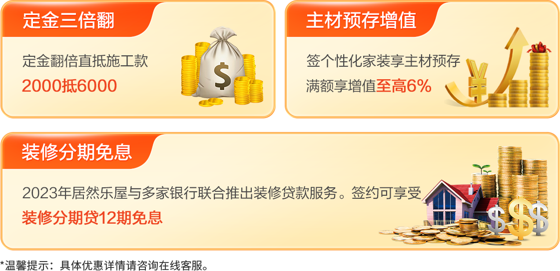 定金三倍翻直抵施工款;主材预存增值至高6%;装修分期贷12期免息