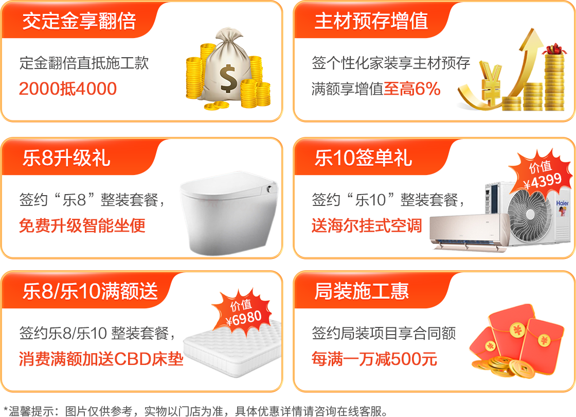定金三倍翻直抵施工款;签施工合同并购买主材产品,消费满额再享施工优惠至高6000元;主材预存增值至高4%;装修分期贷12期免息